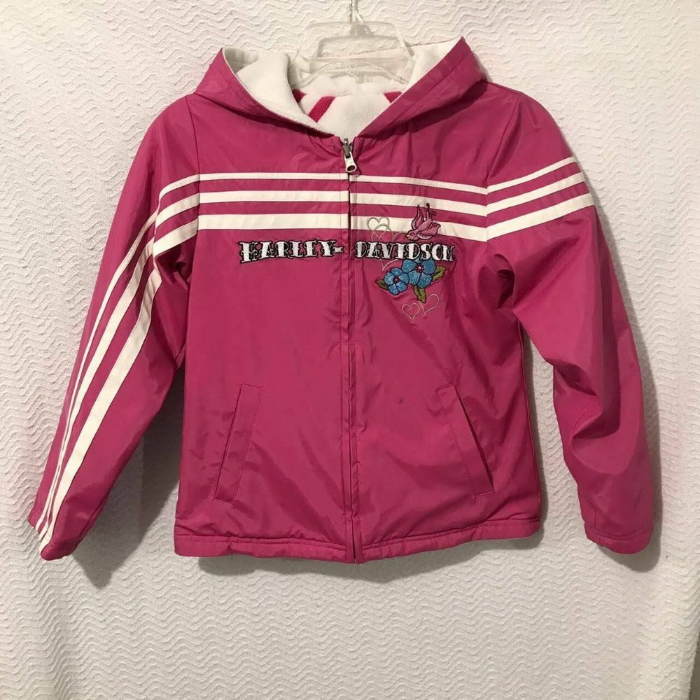 HARLEY DAVIDSON girl's Reversible pink & white hooded jacket sz L